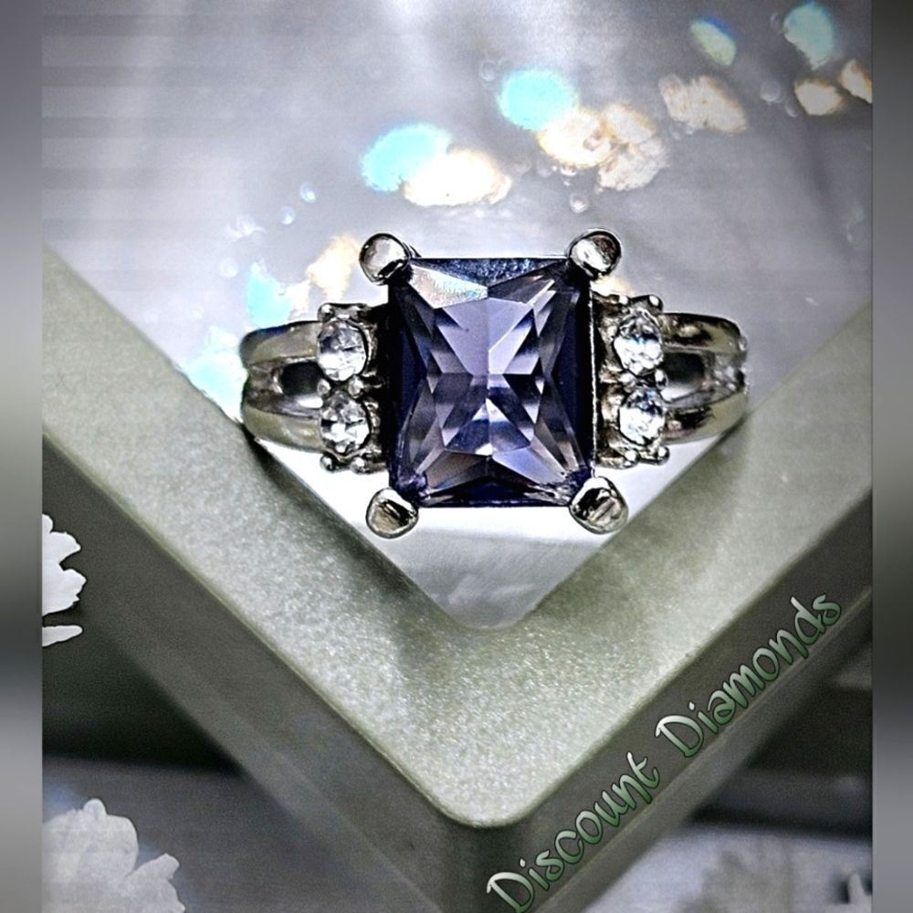 Amethyst & Clear White Baguette Diamond Cocktail Ring 14K White Gold Over 925